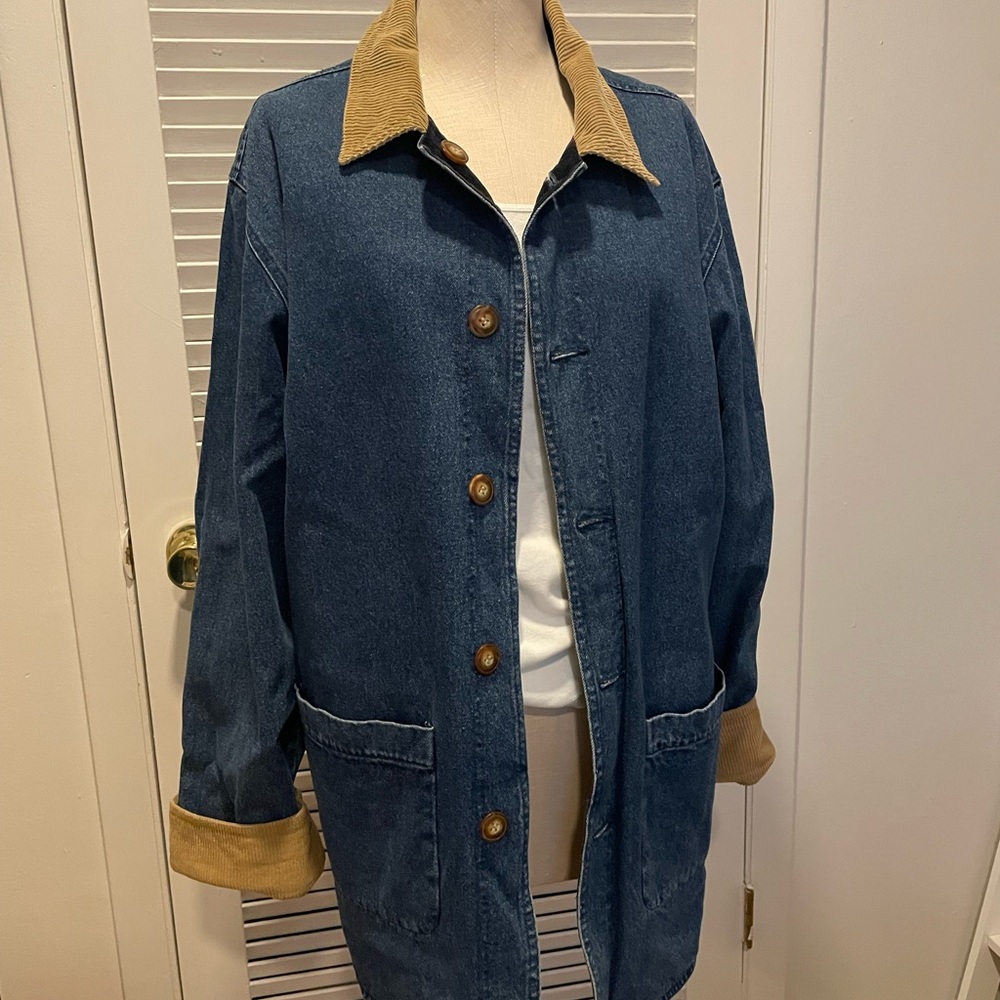 Classic Blue Denim Jacket with Tan Details - Reversible